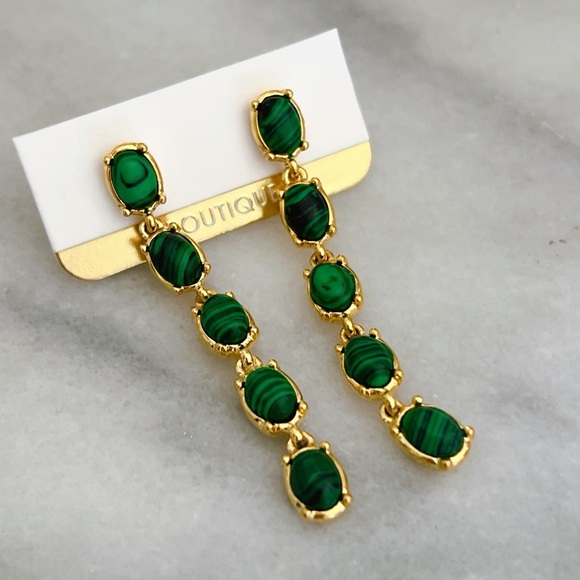 jewelry expo Jewelry - 18k gold plated Malachite green oval 2” dangle earrings gemstone